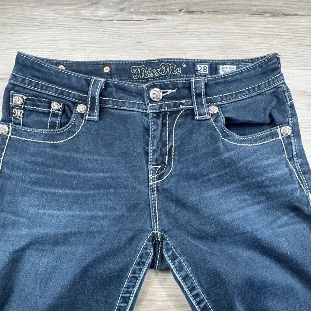 Miss Me Womens Mid Rise Skinny Jeans Dark Wash Contrast Stitch ME8060S2R Size 28